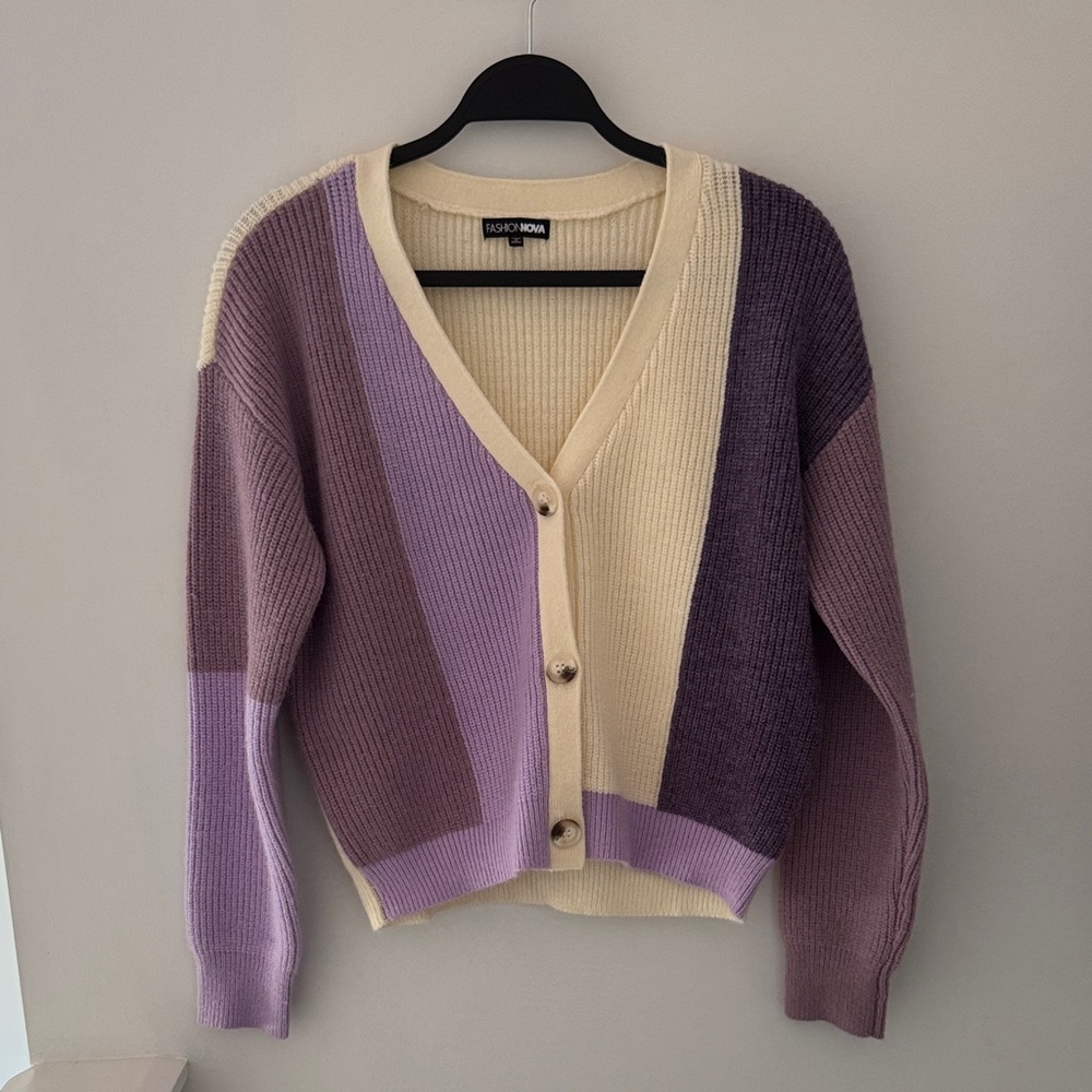 NWOT Fashion Nova Colorblock Cardigan - Purple and Cream
